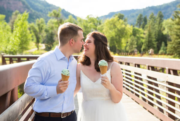 Bride and Groom enjoy ice cream cones in Redstone Colorado