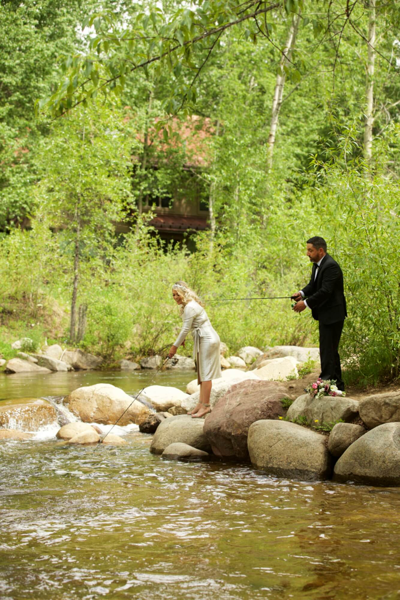 Bride and Groom fishing in Aspen 