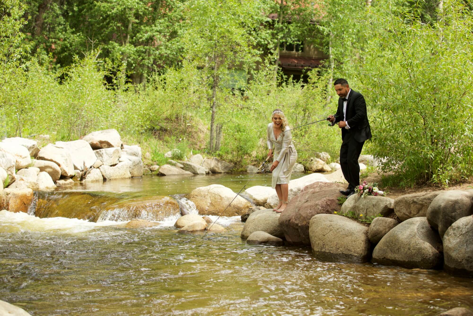 Fishing Bride and Groom Portraits in Aspen 